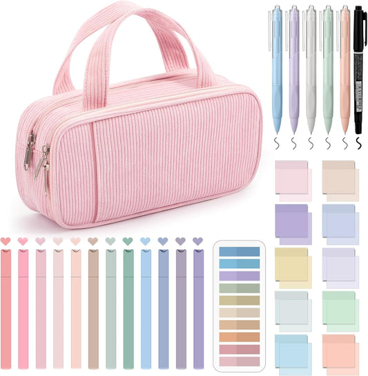 Jutom 39 Pcs Aesthetic Book Annotation Kit Highlighter with Pencil Case Bag Gel Pen Transparent Sticky Note Taking Bible Study College School Supplies(Pink,Classic Style)