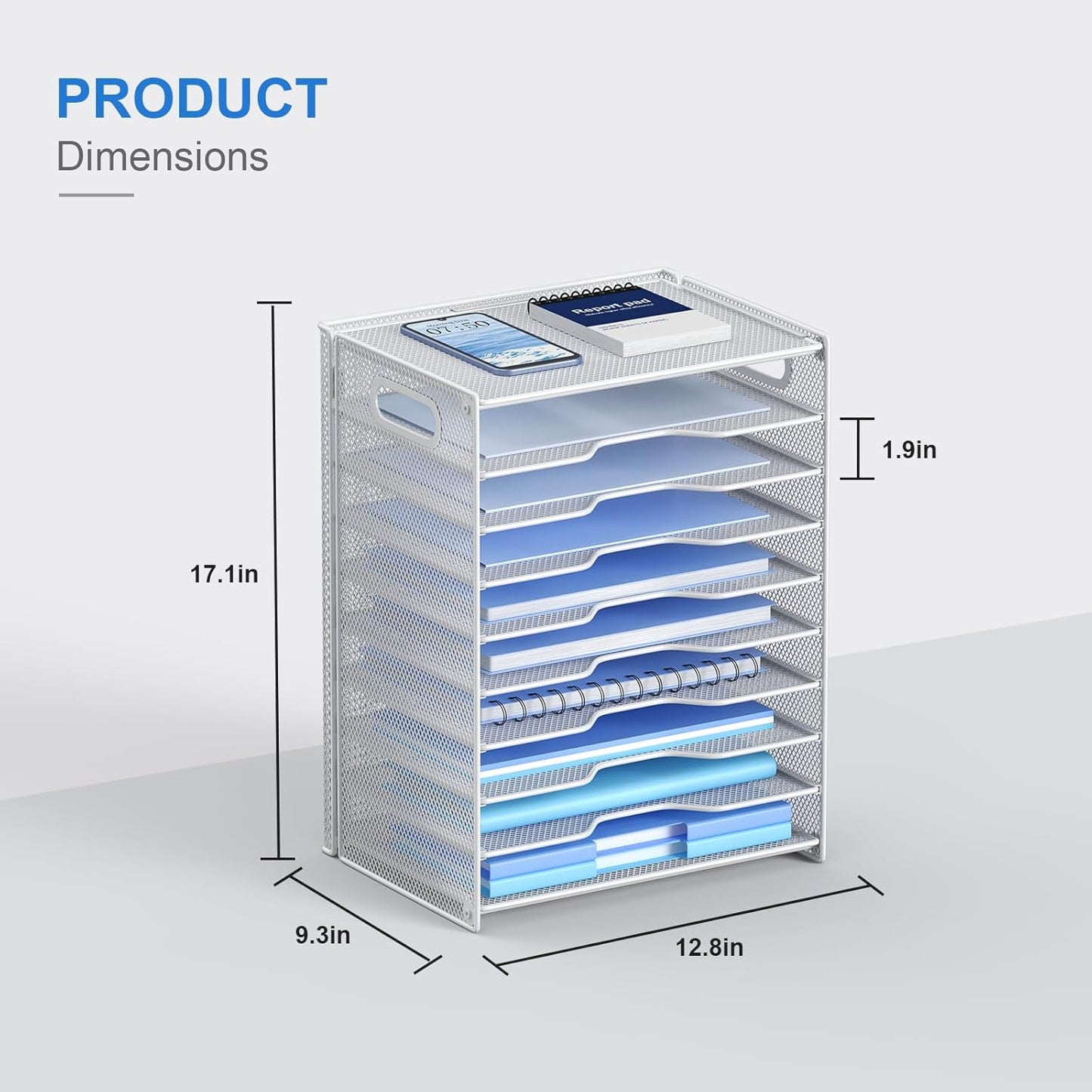 OUTWOLF 10 Tier Paper Organizer - Letter Tray Mesh Desk File Organizer with Handles for Office School Desktop, White