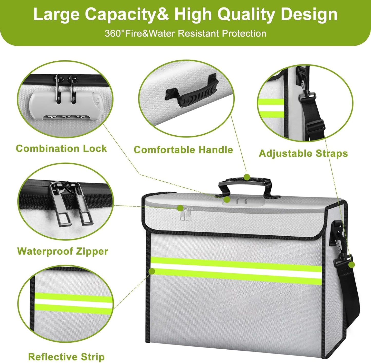 Large Fireproof Money Bags with Lock-6500°F Fireproof Document Box,10 Layers Insulation Materials&Waterproof Zipper,Removable Folder Layers/Wallet,Reflective Strip for Valuables(16.5”x 12.4”x 5.5”)