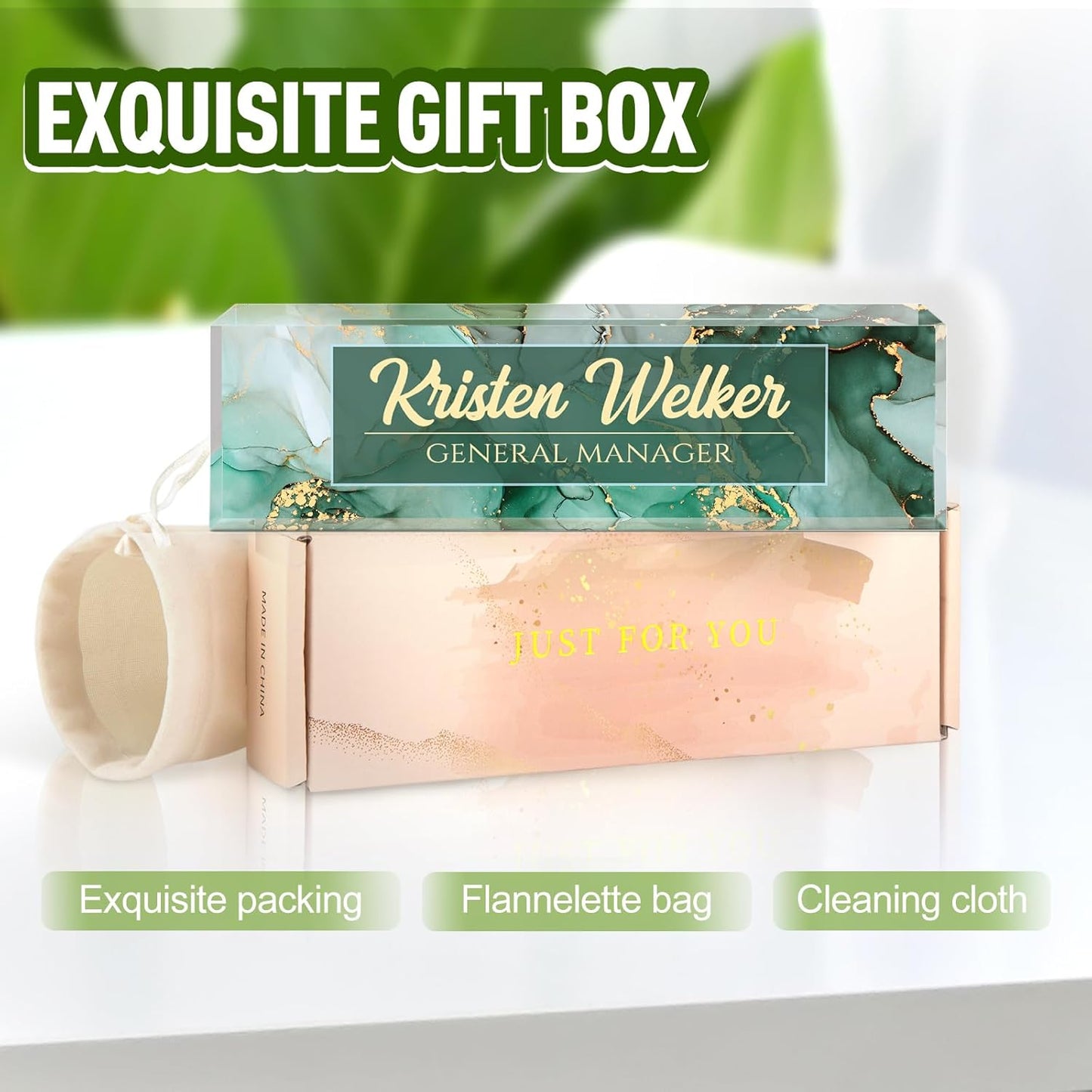 Name Plate for Desk, Desk Name Plate Personalized, Green Office Decor for Women Men, Acrylic Desktop Accessories, Office Gifts for Boss Nurse Teacher Coworker, Employee Appreciation Gift (Green Coast)