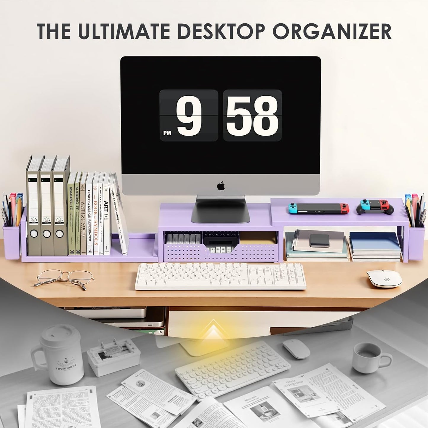 Purple Desk Organizers and Accessories, Dual Computer Monitor Stand Riser with Drawer and 2 Pen Holders, Office Desk Accessories, Workspace Desktop Organization for Office Supplies