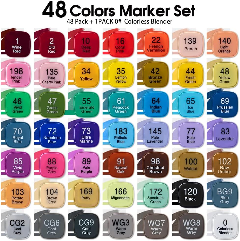 TRANSON Alcohol Markers for Drawing Coloring 48 Colors Dual-tip Fine and Chisel Tips