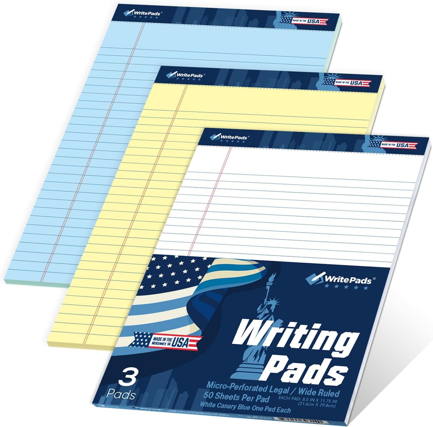 KAISA Legal Pads Large Wide Ruled Writing Pad, 8.5"x11.75" Note Pads 50 Sheets Per Pad, Ruled Paper Notepads, 20 lb Heavy Paper, Rigid Back lined Pads,3pads White Canary Blue,BK-3140,Made In The USA