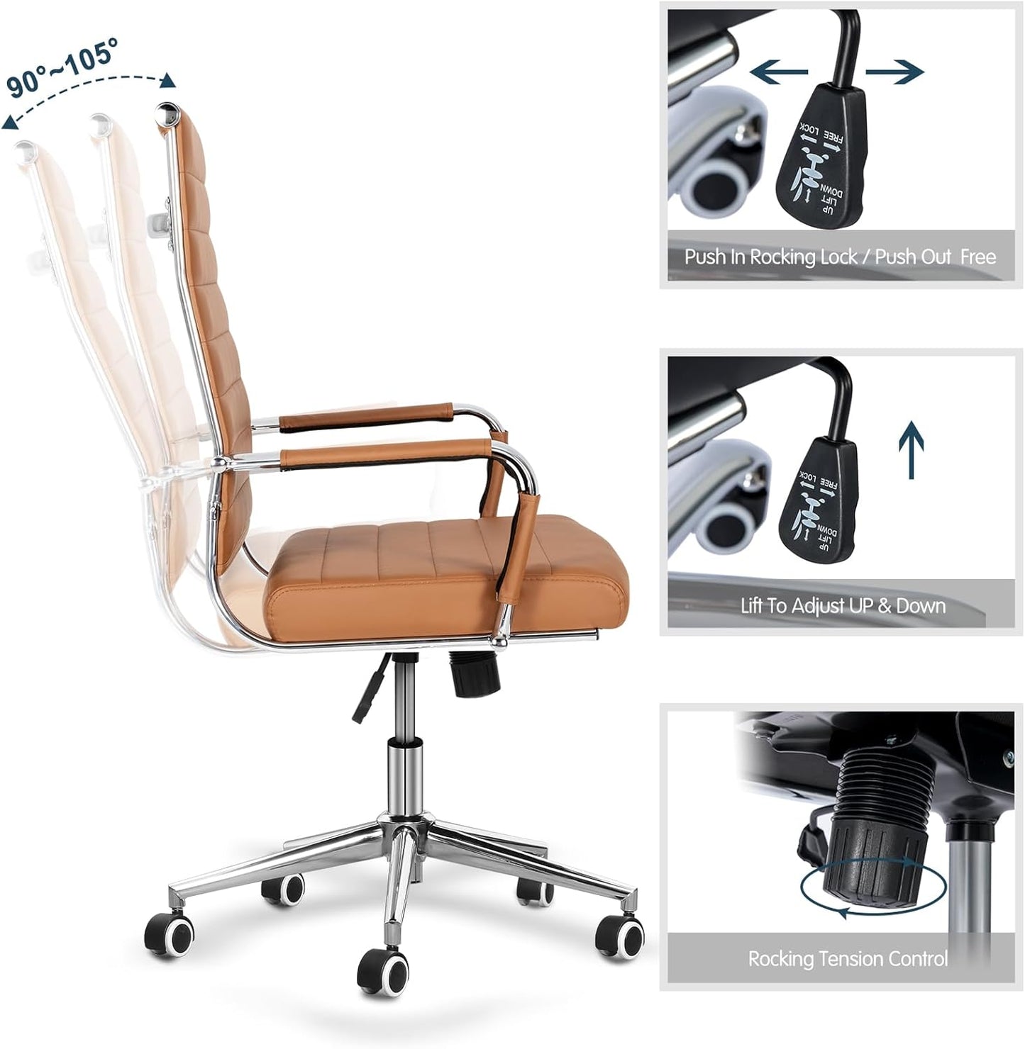 Home Office Chair Ribbed, Modern Leather Conference Waiting Room Chairs,Ergonomic Office Desk Chair, High Back Executive Computer Chair, Adjustable Swivel Chair with Arms (Brown)