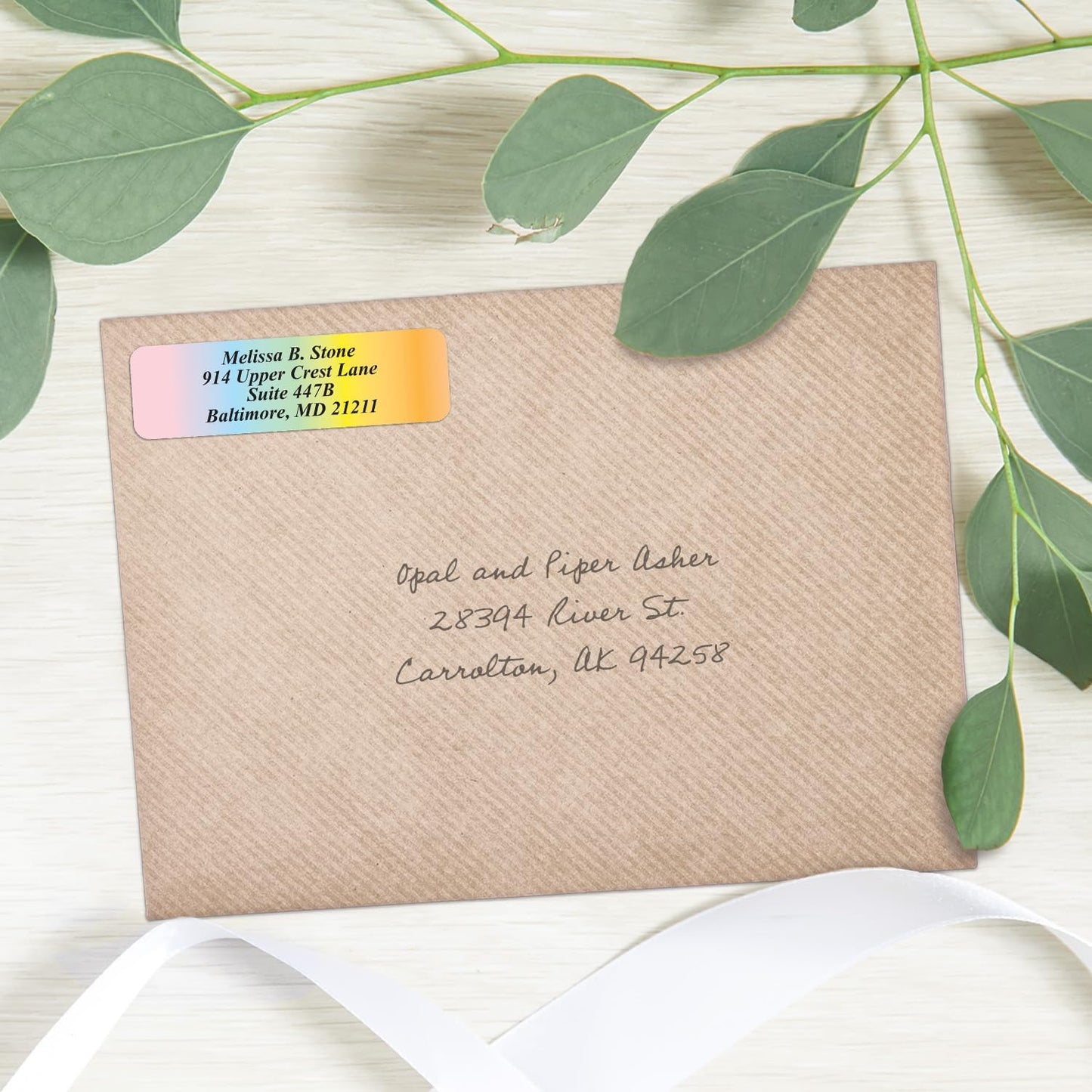 Cascading Rainbow Medley Personalized Return Address Labels with Elegant Plastic Dispenser - Roll of 250 Custom Stickers