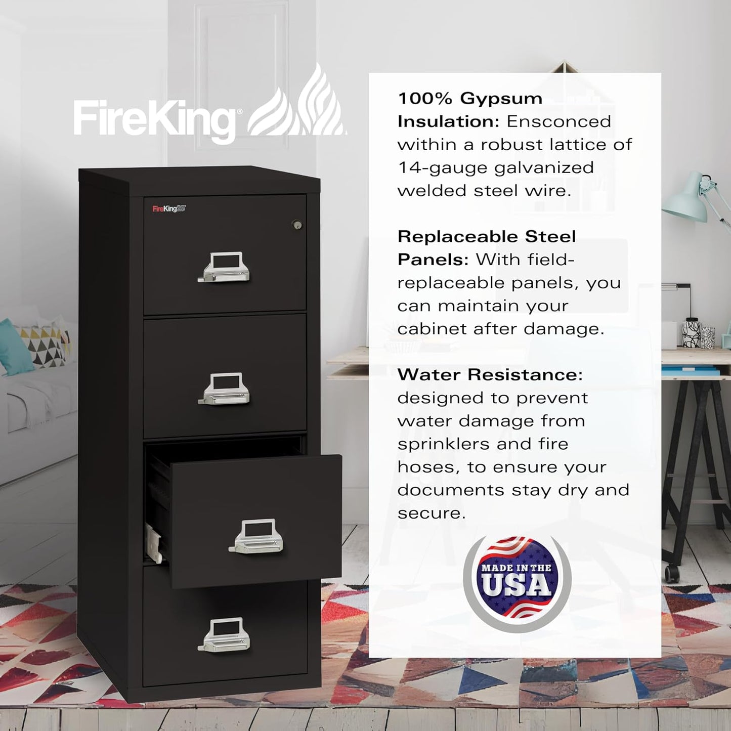 FireKing Fireproof Vertical File Cabinet (4 Letter Sized Drawers, Impact Resistant, Waterproof), 52.25" H Black, 18 W x 25 D, (41825CBL)
