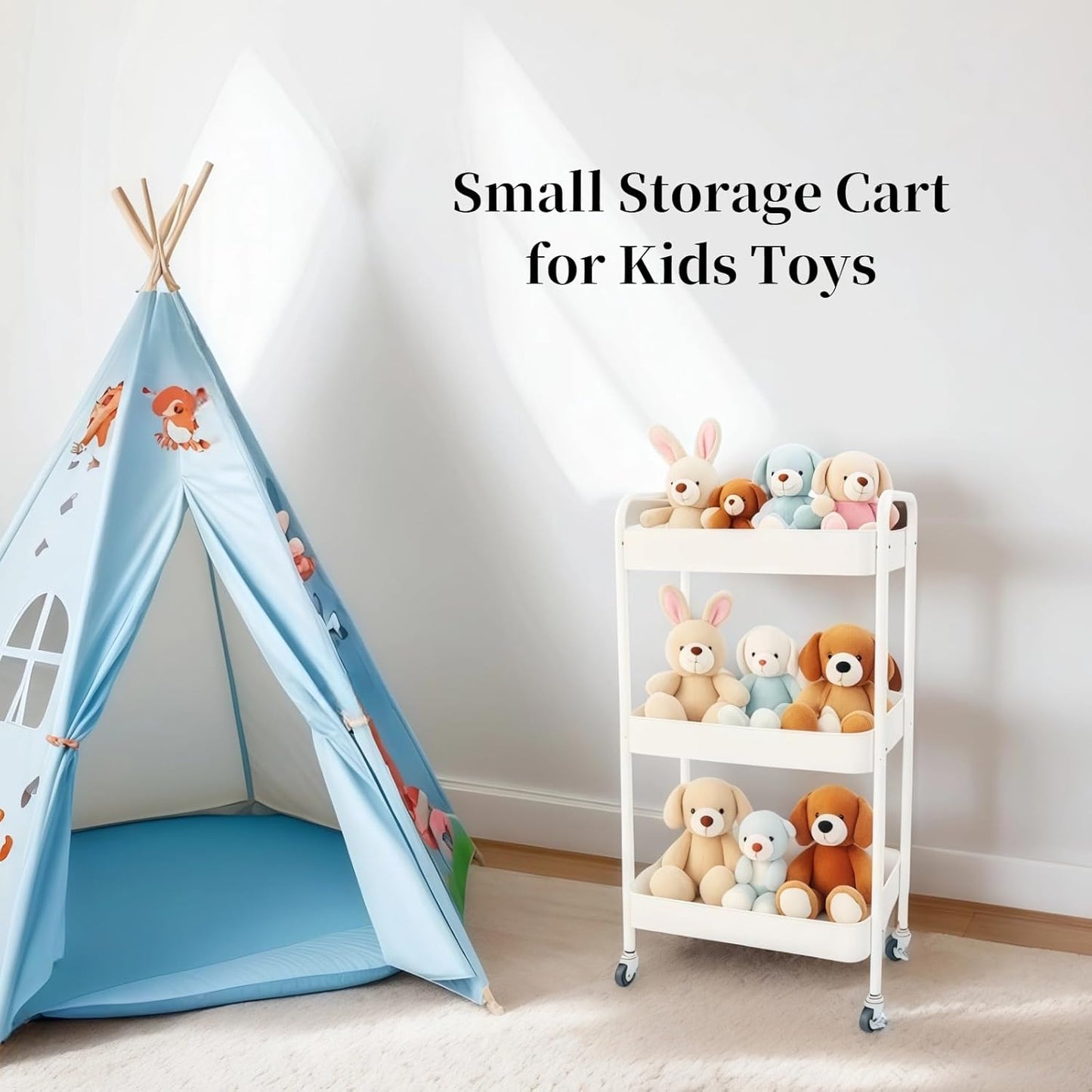 Metal 3 Tier Rolling Cart with Wheels for Kitchen Storage & Laundry Room Organization, Bedside Cart with Handle and 4 Hooks, Versatile Large Capacity Art & Craft Storage Organizer, White