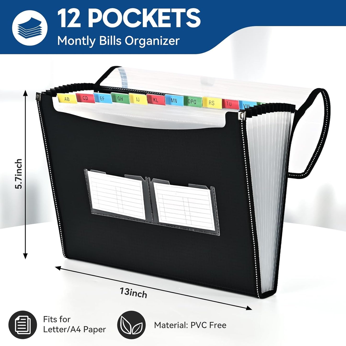 12-Pocket-Expanding File-Folder,Accordion-File-Organizer, A4/US Letter Size Paper Receipt Organizer Accordian Filing Folders (Black-T-12 Pockets)