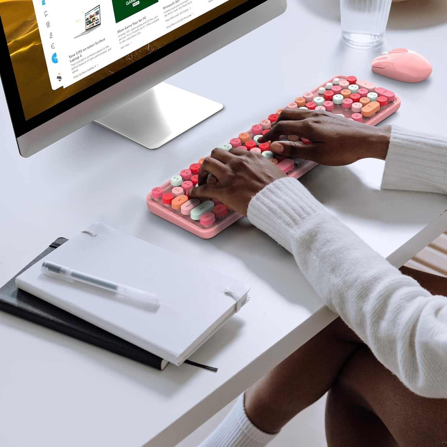 Wireless Keyboard and Mouse Combo, 104 Keys Full-Sized 2.4 GHz Round Keycap Colorful Keyboards, USB Receiver Plug and Play, for Windows, PC, Laptop, Desktop (Pink)