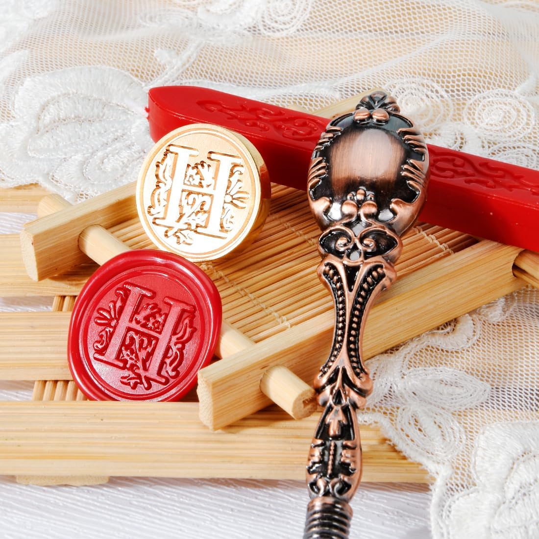 Wax Seal Stamp kit, Envelope Wax Seals DIY Kit - Retro Sealing Wax Candle + Classic Initial Alphabet Seal Wax Seal Stamp Letter H - in Blue Gift Box