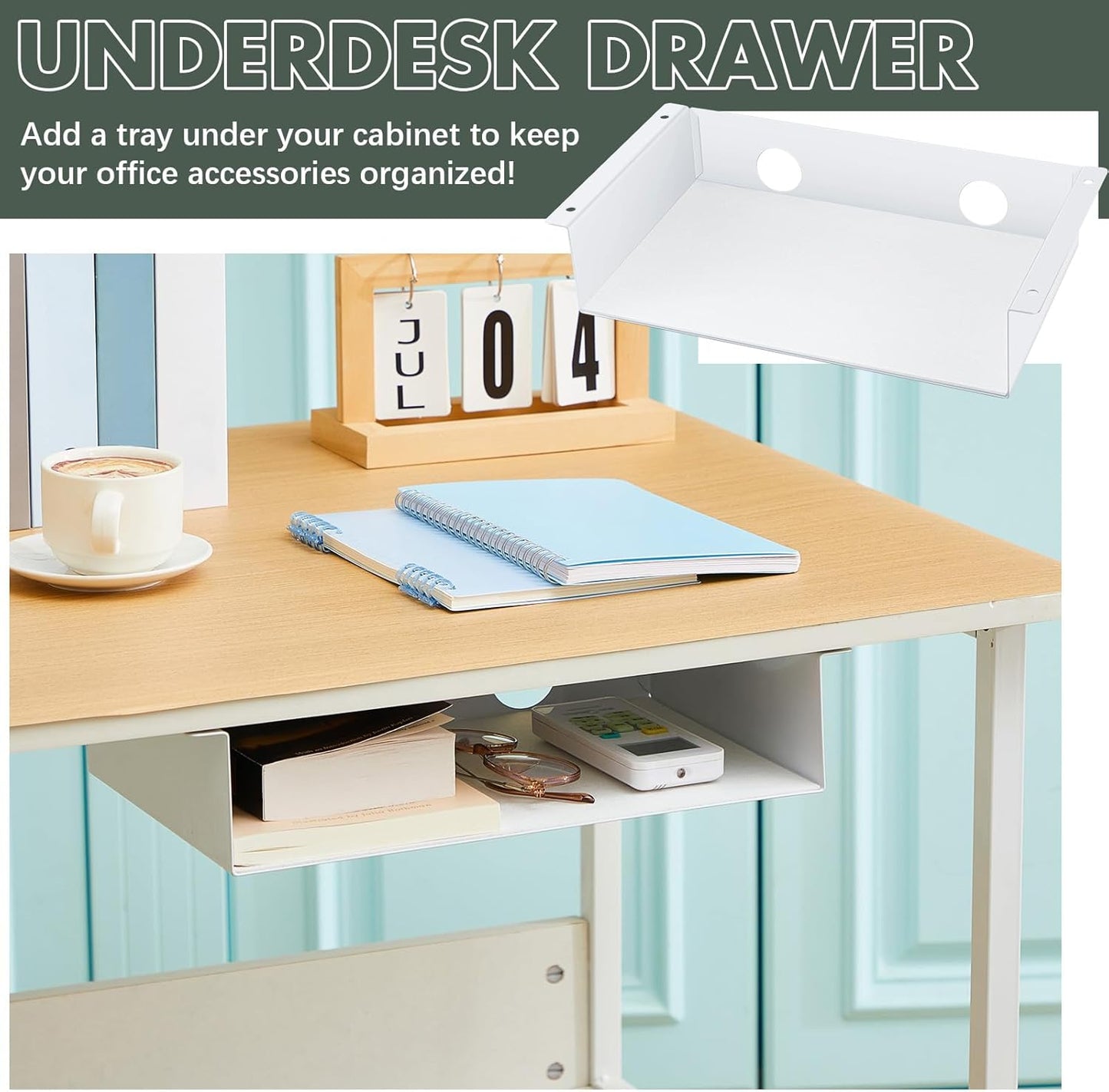 2 Pack Under Desk Storage Shelf, Carbon Steel Tray with Mute Felt Sheets, Mount Shelf Organizer for Office Home Workstation Gaming Stand Up Desk, 13x8x2.8 in(White)