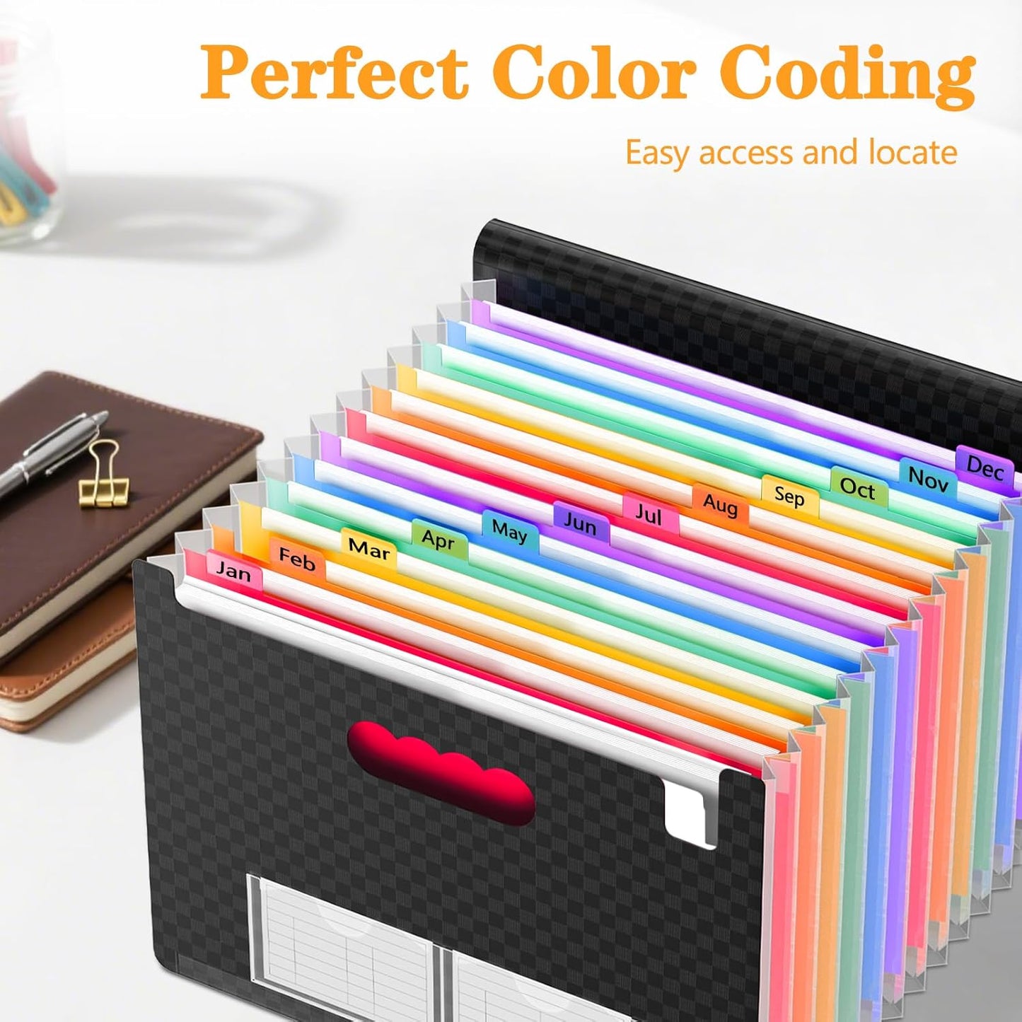 4 Pack Waterproof Accordion File Organizer, 13 Pockets Expanding File Folder with Colored Blank Tabs, Suitable for Students and Office Workers to Manage and Store Documents（Black）