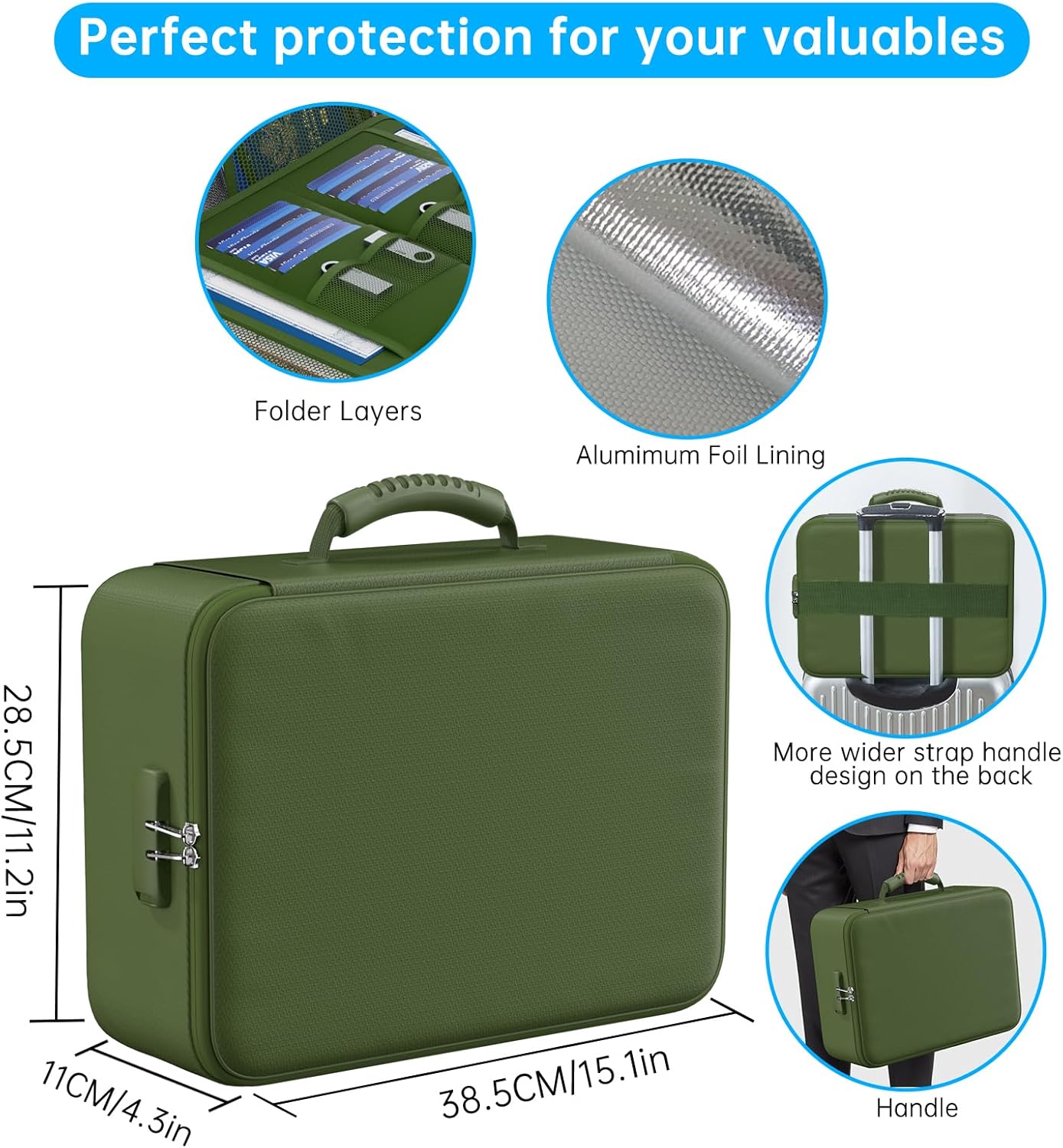 ENGPOW 5200°F Fireproof Document Bag with Lock, Upgraded Heat Insulated Fireproof＆Waterproof Box 8 Layers Document Organizer, Portable Home Travel Safe Storage Box for Important Files, Laptop,Green