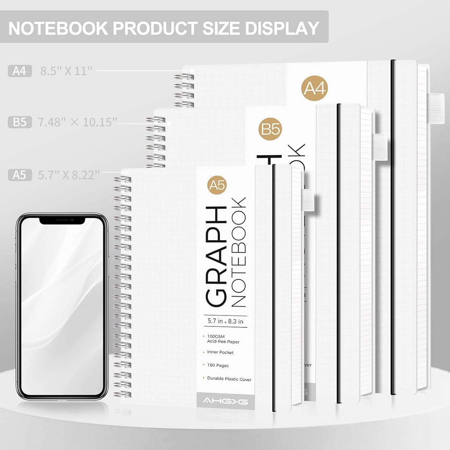 AHGXG Graph Paper Notebook - Spiral Notebook Journal 160 Pages, A5 Graph Notebook 5.7" x 8.3", 100 gsm Thick Grid Paper, Waterproof Plastic Cover, for School Writing Engineering Math, Transparent