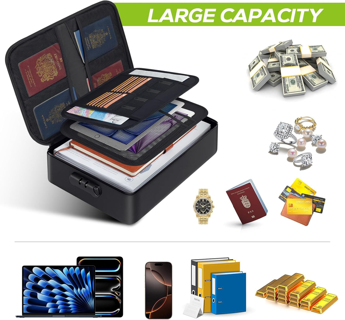 Fireproof Document Bag with Lock, Upgraded Fireproof, Heat Insulated & Waterproof Box for Document,Portable Storage for Home and Travel, Suitable for Document and Laptop