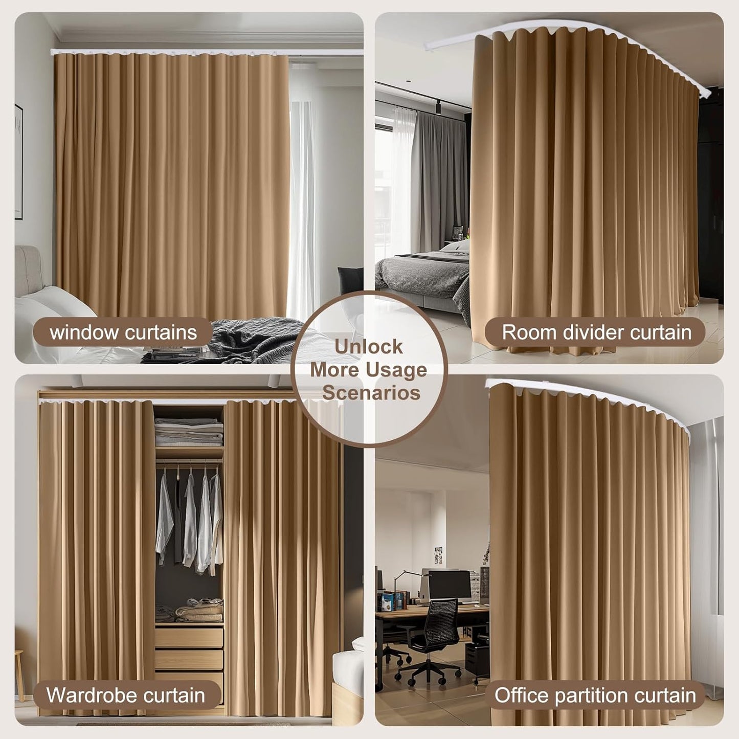 Room Divider Curtains & Flexible Bendable Tracks Set,Privacy Dividers Ceiling Track Curtain Window Blackout Curtains for Living Room Bedroom (W120 × H96 in 1 Panel Khaki Drape & White Rail)