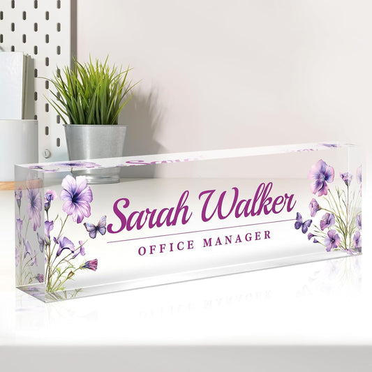 Name Plate for Desk, Desk Name Plate Personalized, Office Decor for Women Men, Acrylic Desktop Accessories, Office Appreciation Gifts for Boss Social Workers Nurse Teacher Employee (Purple)