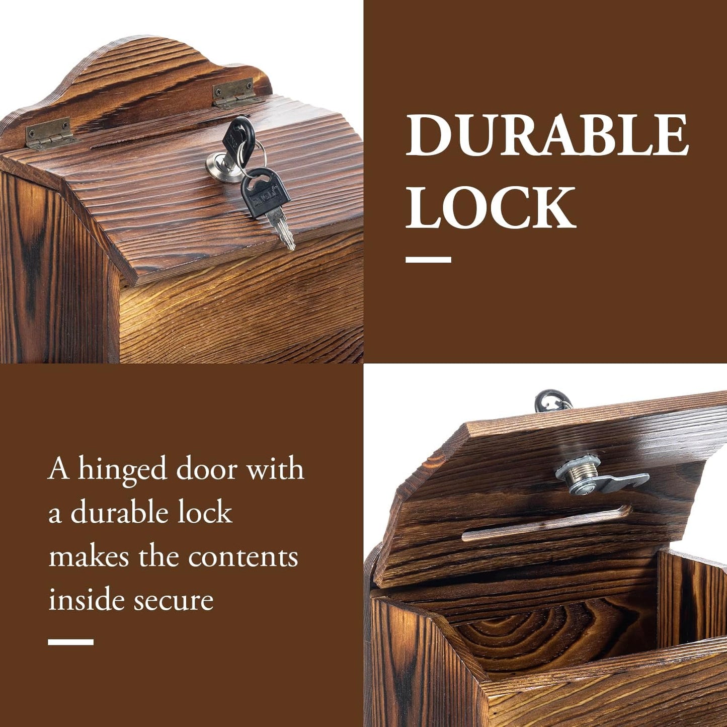 MyGift Rustic Burnt Solid Wood Suggestion Box, Wall Mountable Feedback Collector with White Cursive Suggestions Lettering, Comment Card Slot, Pen Holder, Top Lock and Keys