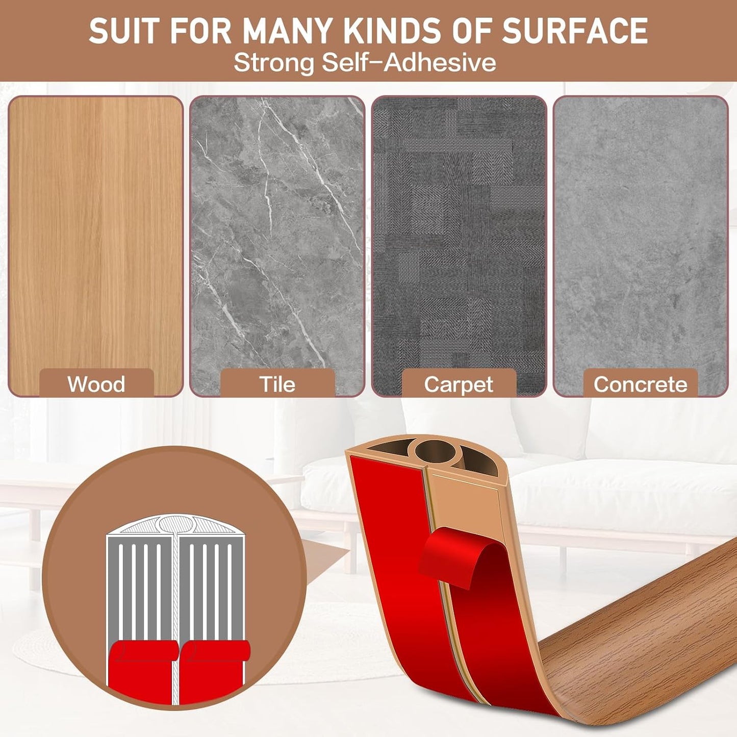 Floor Cord Cover Self Adhesive Cord Hider Floor Extension Cord Covers for Floor Power Cord Protector Cable Management Prevent Cable Trips Cable Cavity 0.32" W x 0.32" H (Light Brown Wood, 20Ft)