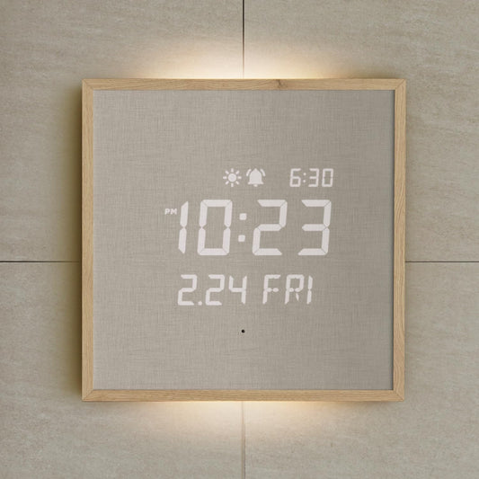 mooas Wooden Frame LED Silent Wall Clock with Remote, Backlit Nightlight, Modern Digital LED Wall Clock Display Sunrise Alarm Melody 5 Brightness for Bedroom Living Room (Wooden Frame Light Brown)