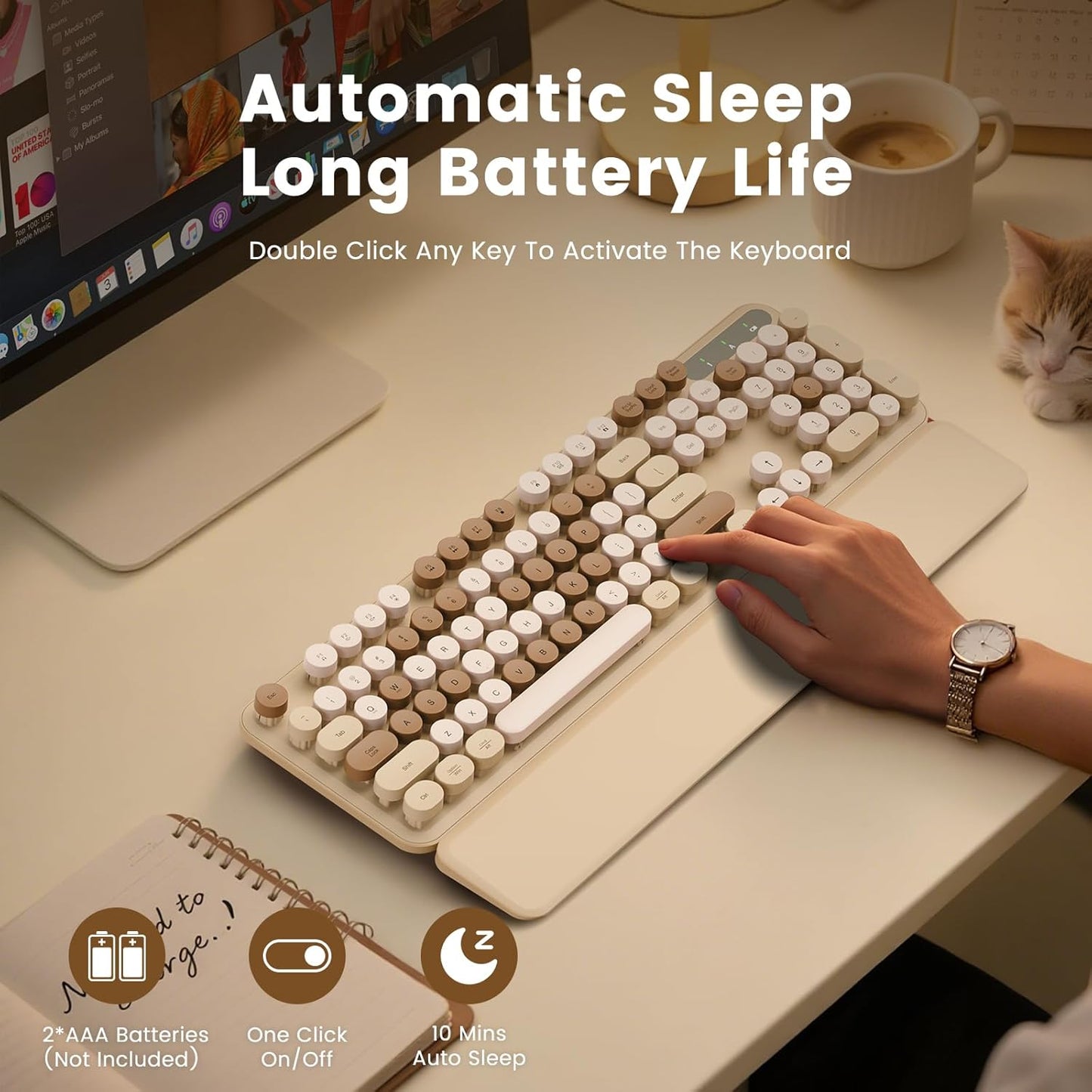 SABLUTE Wireless Keyboard, Round Keycaps, Retro Typewriter Keyboard with Detachable Wrist Rest, Sleep Mode, Foldable Legs, 2.4GHz Full-Size Cordless Computer Keyboard for Windows/PC/Laptop (Latte)