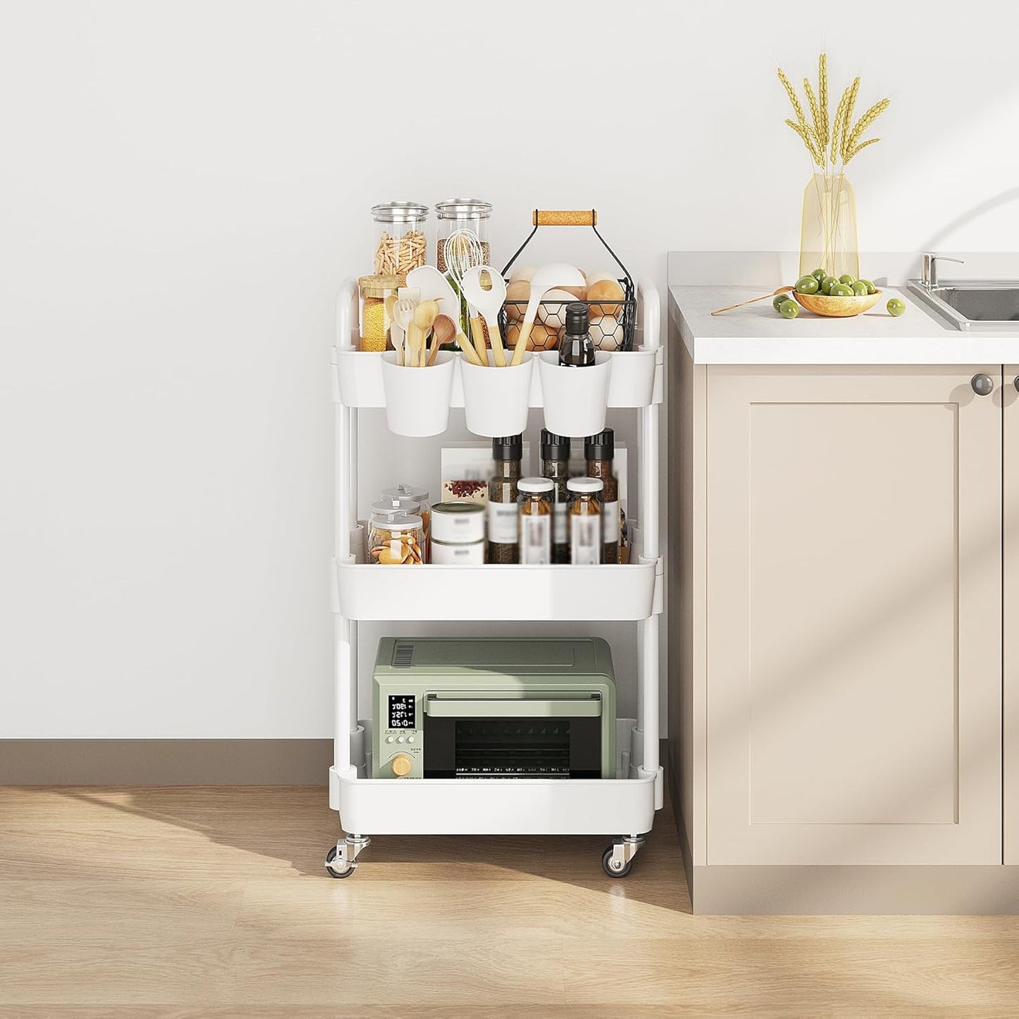 UDEAR 3-Tier Rolling Utility Cart,Multifunctional Storage Shelves with Handle and Lockable Wheels for Room,Office,Kitchen,Bathroom,with 3 Hanging Cups,White