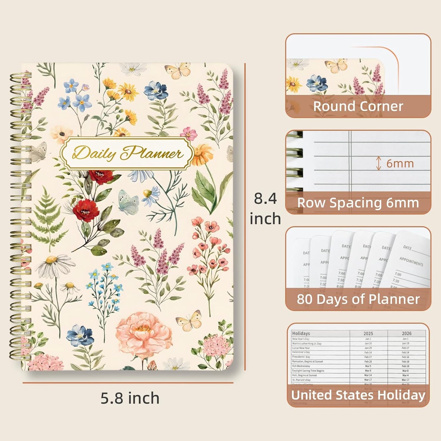 Undated Daily Planner - Spiral Notebook 80 Days One Day Per Page, Hourly Schedule, To-Do List, Notes, Everyday Planning Task, A5 Hardcover Journal Organizer Book Women Cute Aesthetic, Floral