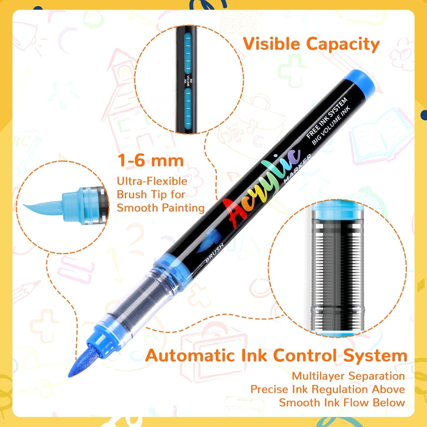 Automatic Ink Control Acrylic Paint Markers Brush Tip 48 Colors Acrylic Paint Pens Water-Based Acrylic Markers Set for Stone, Wood, Rock Painting, Canvas, Glass, DIY & Art Supplies