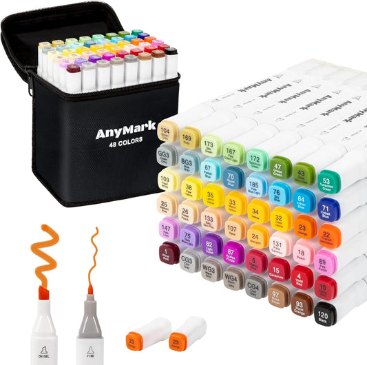AnyMark Alcohol Markers, 48 Colors Dual Tip Art Coloring Markers Set for Kids Adult Book Drawing Sketching Painting, Chisel & Fine, White Penholder