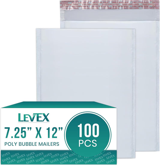 Levex - #1 7.25" x 12" [100 Pack] Poly Bubble Mailers, Padded Envelope Mailers, Packing Envelope & Mailing Bags for Shipping