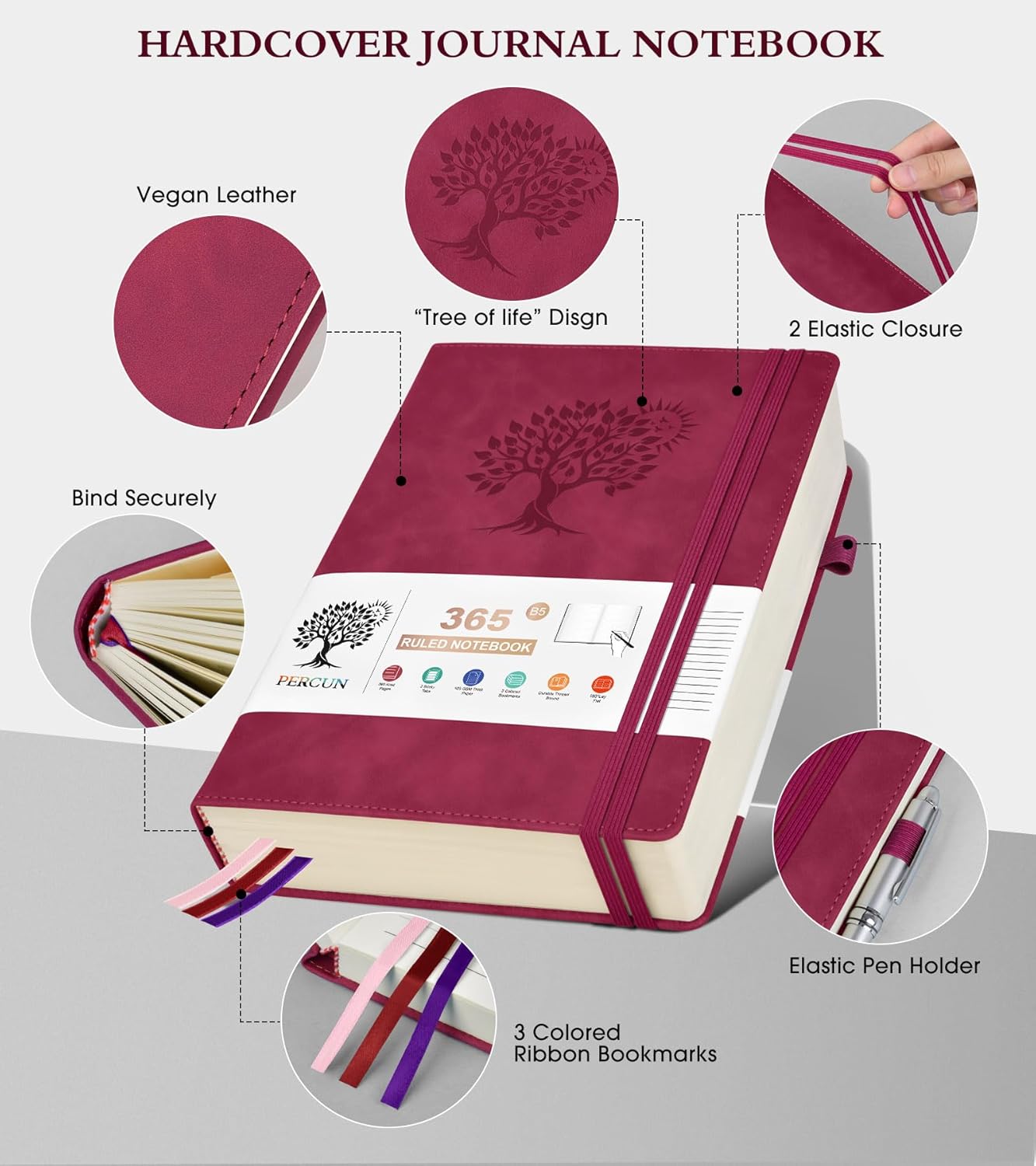 B5 Lined Journal Notebook - 365 Page Large Leather Journals for Writing Women Men，Hardcover Notebook with 100Gsm Thick Pages，Daily Diary for Travel, Work，School，College Ruled (7.6" x 10.3")