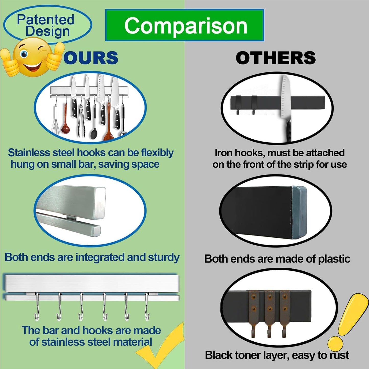 YIIYIIN 17 Inch Magnetic Knife Holder for Wall No Drill,Adhesive Knife Magnetic Strip with 12 Hooks,Kitchen Double Rods Stainless Steel Magnetic Utensil Holder(Silver)