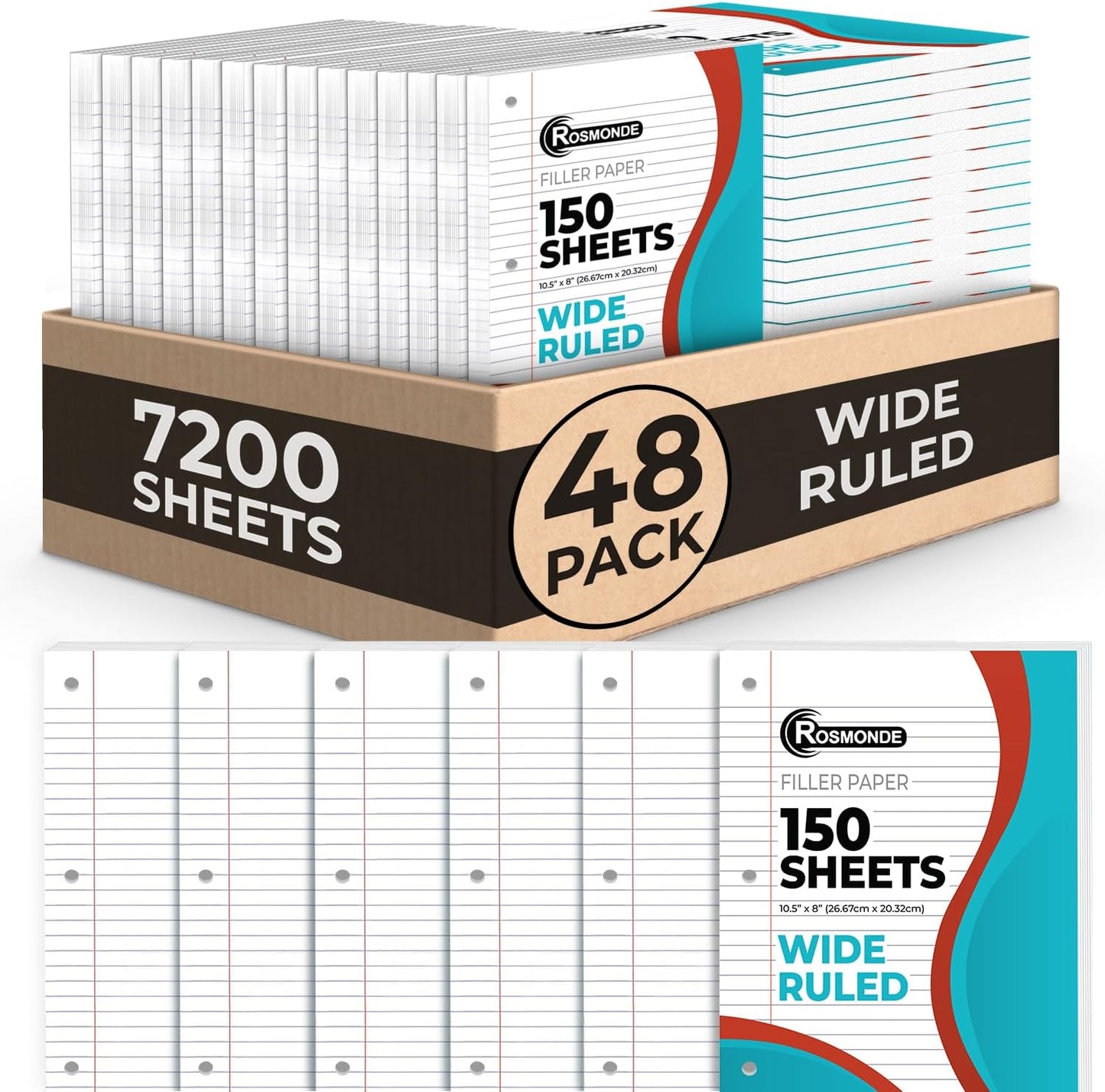 Loose Leaf Paper Bulk, 7200 Sheets, Wide Ruled Sheets, Bulk Notebook Paper, 8" x 10.5", Loose Leaf Papers, 3 Hole Punched for Standard Binders, 48 Pack, 150 Sheets/Pack, Filler-Paper, White