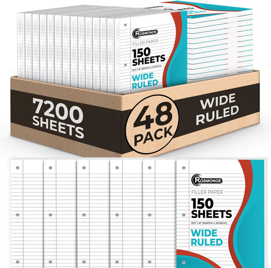 Loose Leaf Paper Bulk, 7200 Sheets, Wide Ruled Sheets, Bulk Notebook Paper, 8" x 10.5", Loose Leaf Papers, 3 Hole Punched for Standard Binders, 48 Pack, 150 Sheets/Pack, Filler-Paper, White