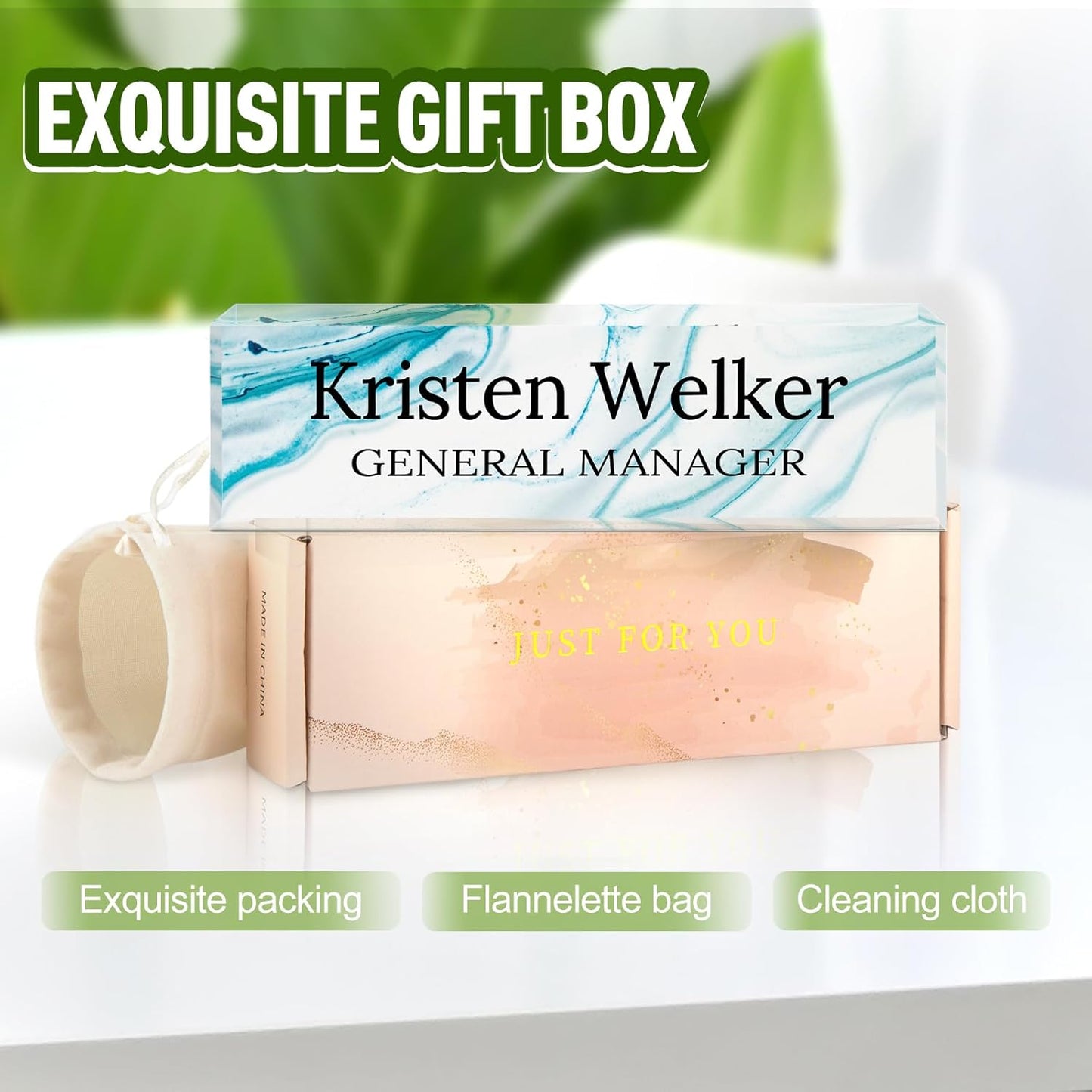 Gowellly Desk Name Plate Personalized - Custom Acrylic Name Plate for Desk - Enterprise Custom Logo/Text nameplates - Employee Appreciation Gifts (White Blue Marble)