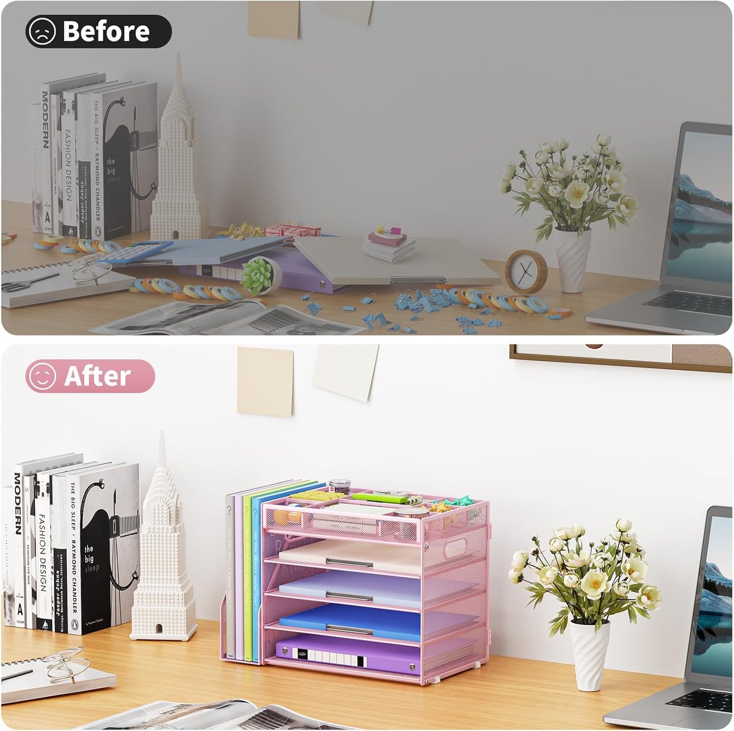Marbrasse 5-Tier Desk Organizer with File Holder,Paper Letter Tray Organizer,Desktop File Organizer with Adjustable Compartments,Mesh Desk Organizers and Accessories for Office Supplies,Pink