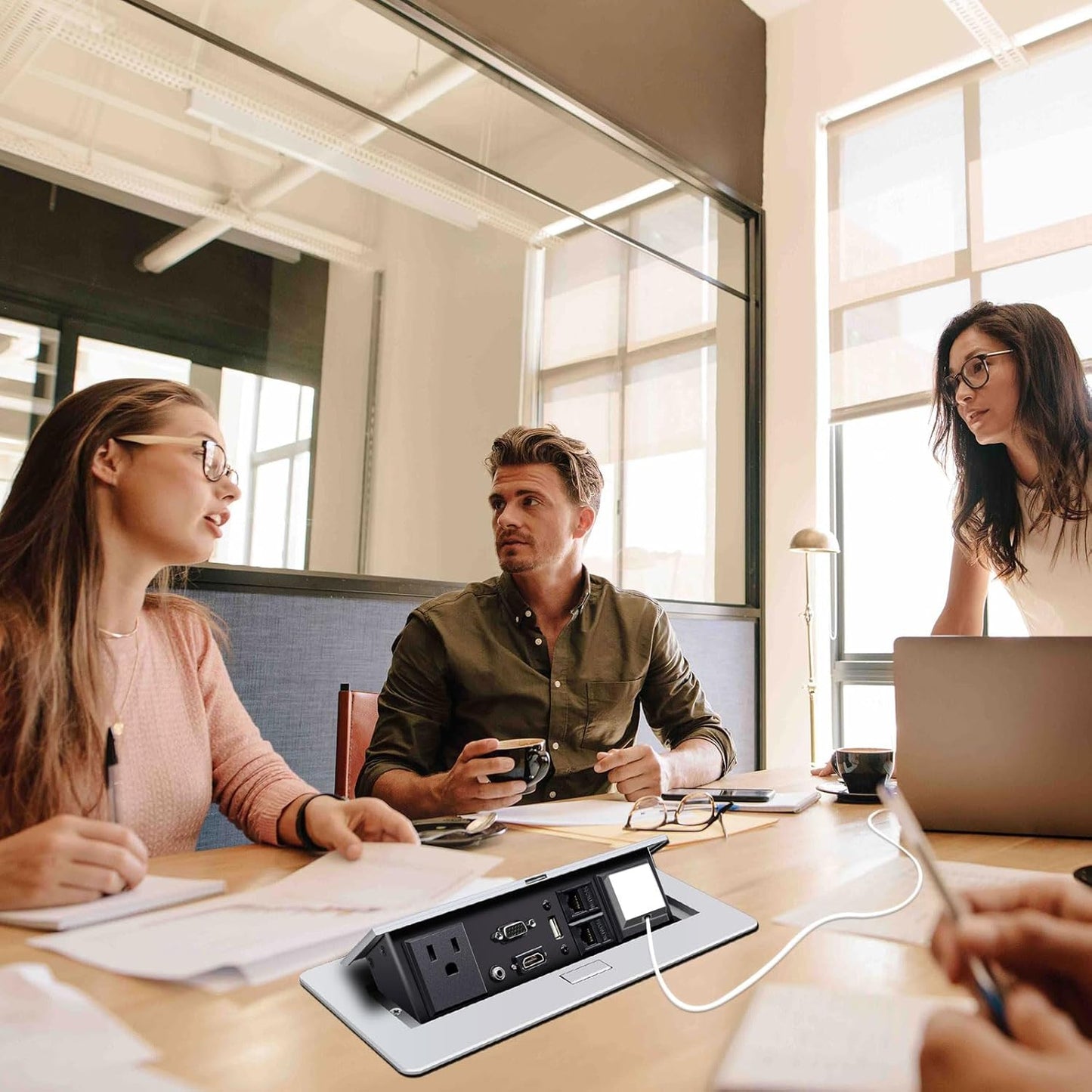 Pop Up Outlet; Pop up Power Strip; Embedded countertop Connection Outlet Box; 2 Outlets Max Power 1875W,HDMI USB VGA 3.5mm Audio Network Port Conference Table Multimedia Outlet Box -Silver