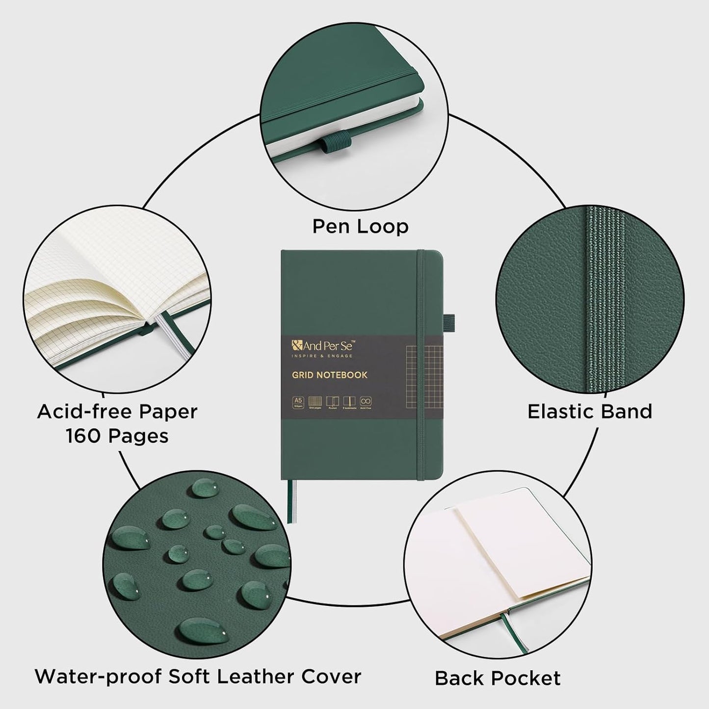 &And Per Se Graph Journal Notebook, 160 Pages, 5.7 x 8 inches College Ruled Thick Paper Notebook Journals for Writing, Grid Hardcover Notebook(1 Pack, green)