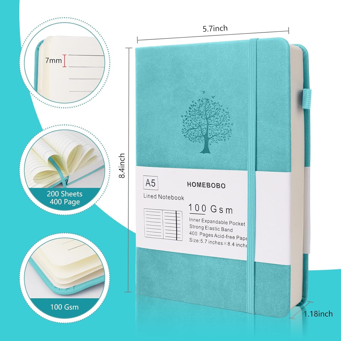 Journals for Writing, A5 Leather Ruled Notebook with 400 Pages, 100 Gms College Ruled Journal with Thick Paper, Hardcover with Inner Pocket & Pen Holder, Lake Green