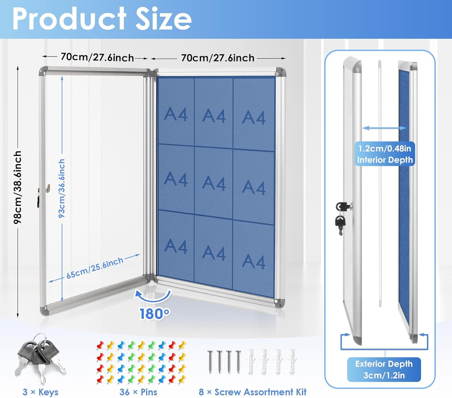 SWANCROWN Pins Bulletin Board Enclosed Wall-Mounted Secure Display Board for Notice Message with Door and Keys,38x28inches(9xA4)