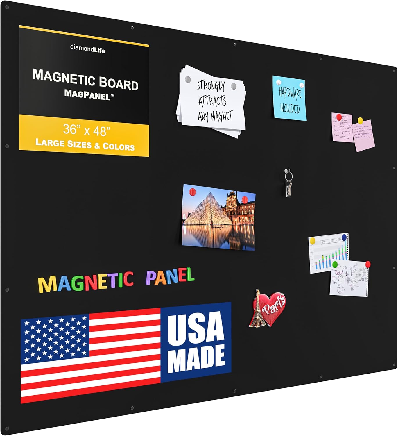 Diamond Life Magnetic Board - Memo & Vision Board for Home, Office, and Classroom - Magnet Board for Kids - Pre-drilled Mounting Screws Included (Black 36"x48")