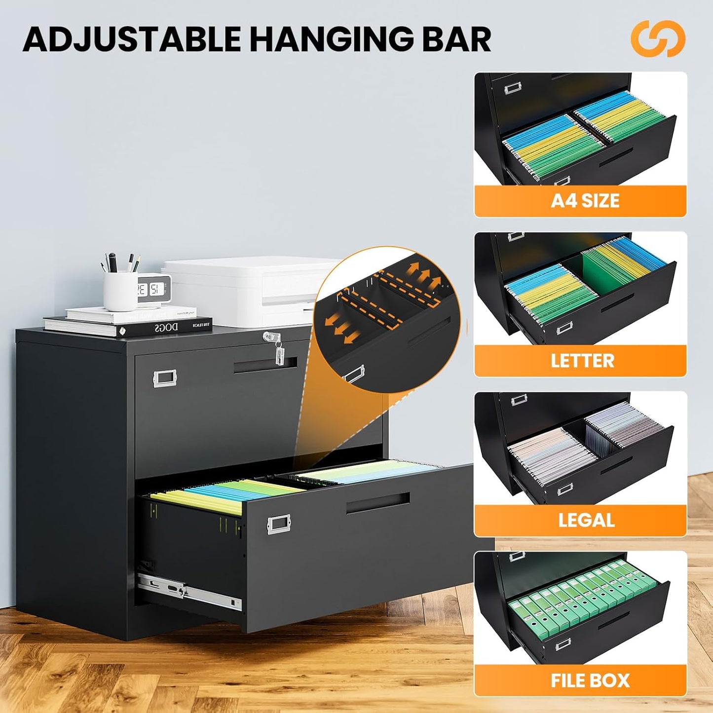 2 Drawer File Cabinets for Home Office, Metal Filing Cabinet with Lock, Black Locking File Caninet Two Drawer, Office Storage Caninets Steel Cabnet for Letter/Legal/A4/F4-Assembly Required