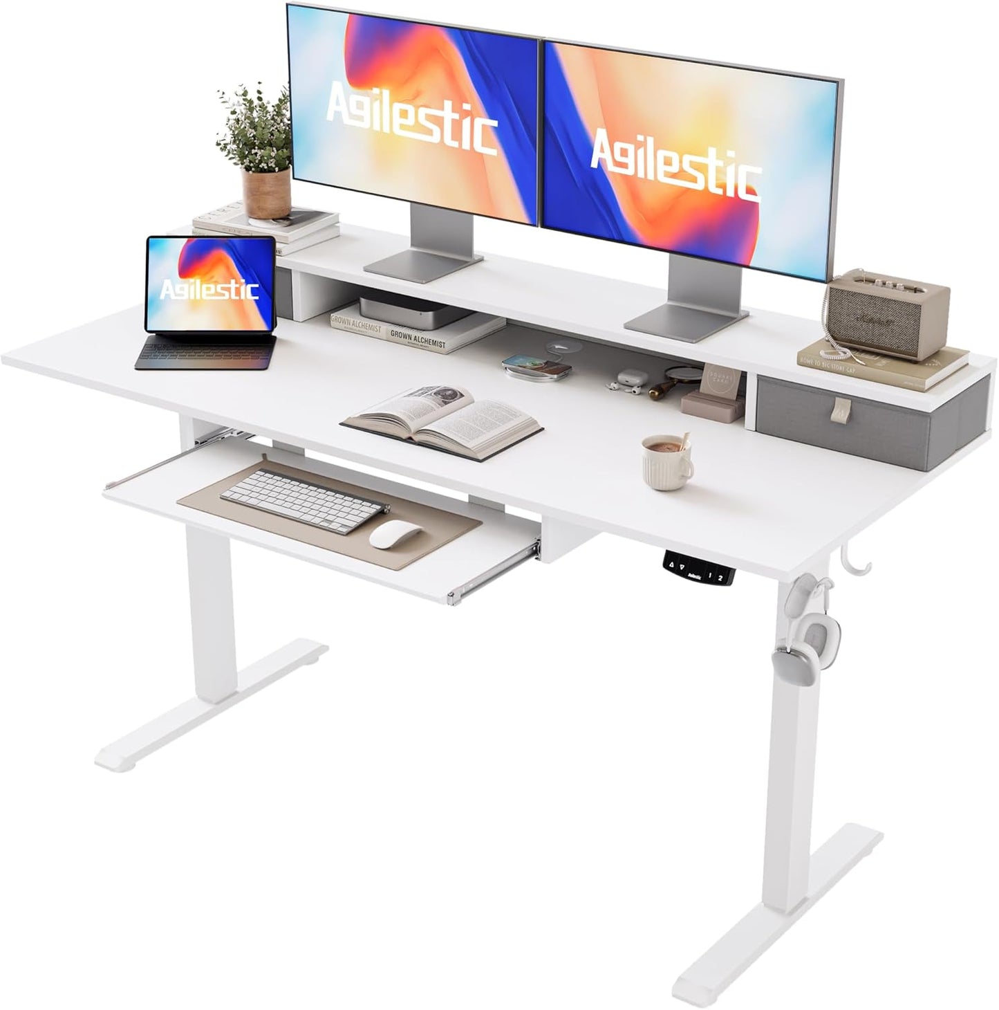 Agilestic Electric Standing Desk with 2 Drawers and Keyboard Tray, 55 x 24 Inches Ergonomic Adjustable Height Desk with Storage, Sit Stand up Desk Computer Workstation, White