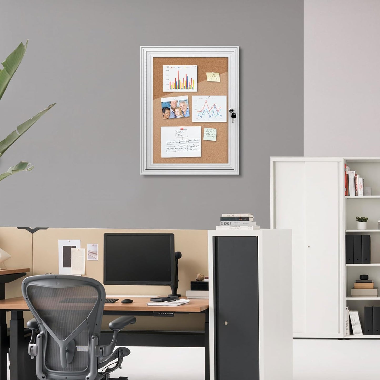 26"x20" Enclosed Bulletin Board, Outdoor Lockable Weather-Resistant Aluminum Cork Noticeboard for School & Office, Silver Frame w/Cork