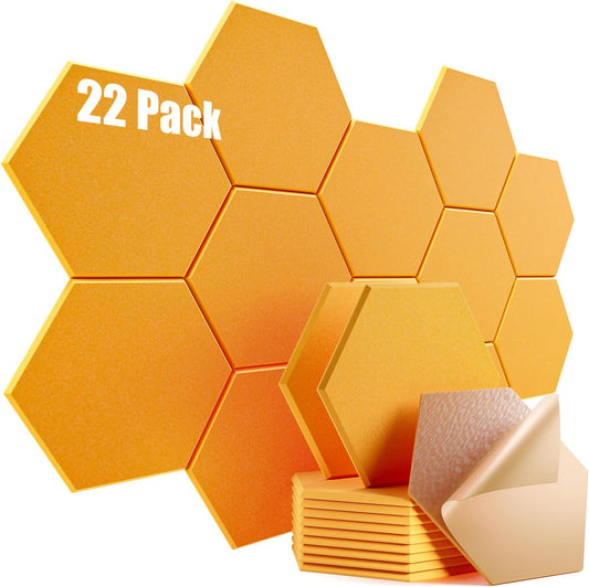 22 Pack Self-Adhesive Acoustic Panels 12" X 10" X 0.4" - Sound Proof Foam Panels with High Density, Hexagonal Design, Flame Resistant, Absorb Noise and Eliminate Echoes(Orange Yellow)