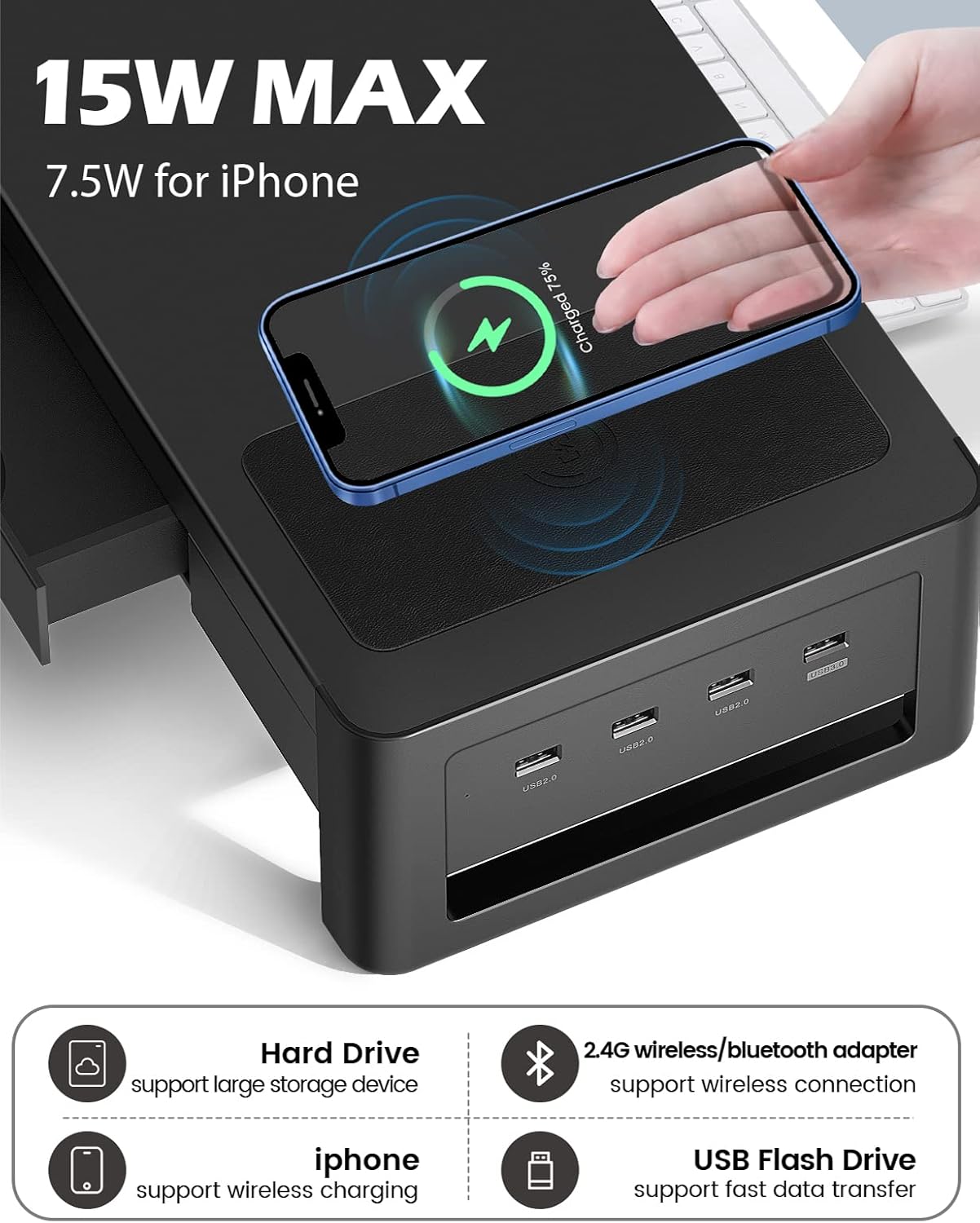 meatanty Dual Monitor Stand Riser with 2 Drawers,4 USB Ports and Charging Pad,Metal Monitor Stand for 2 Monitors Supports Transfer Data and Charging,Desk Organizer for PC,iMac(38.7 inches)