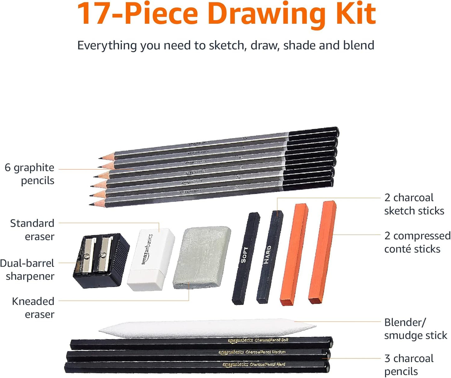 Amazon Basics Sketch and Drawing Pencil Set, 816 Count (17 Packs of 48), Charcoal, Black, White
