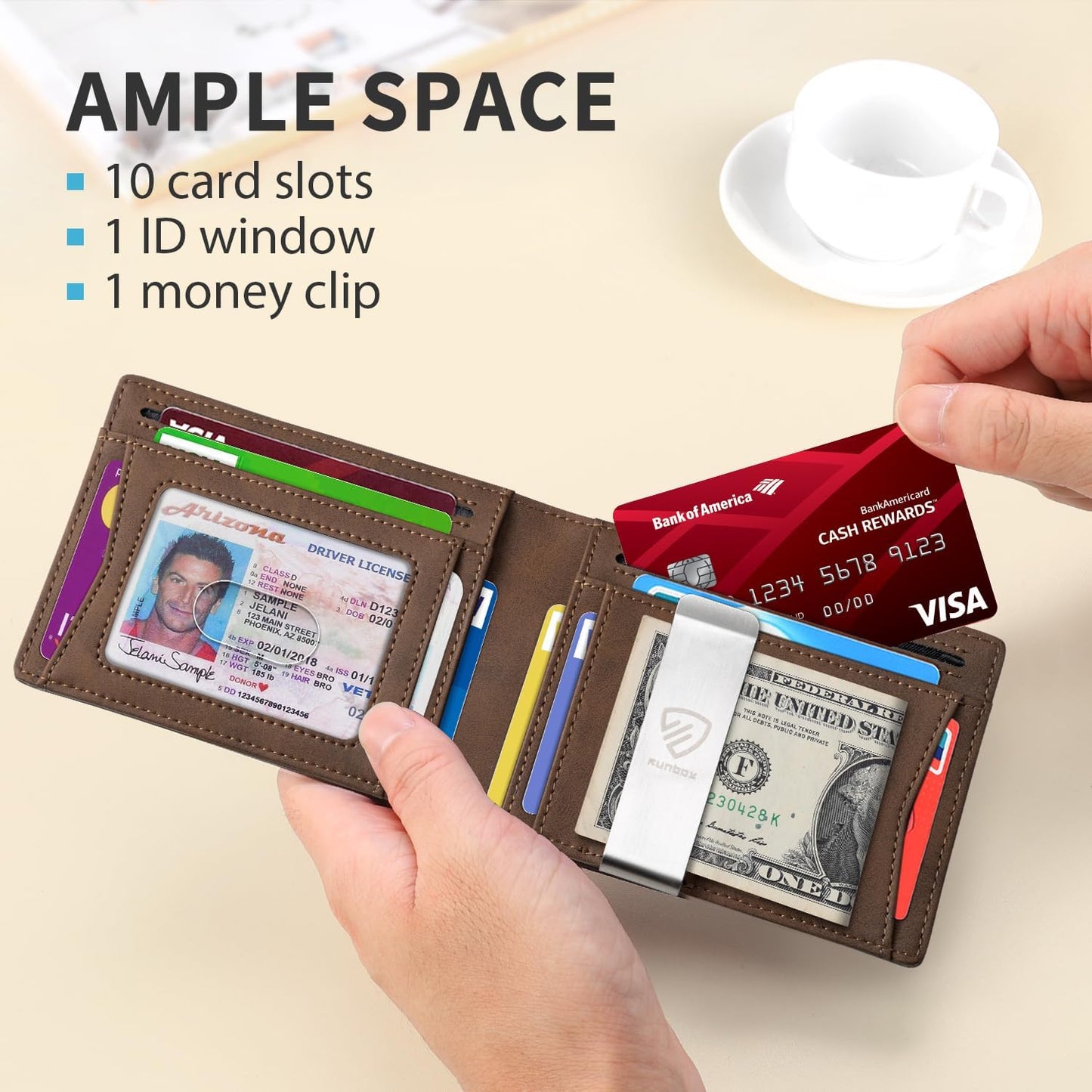 RUNBOX Mens Slim Wallet with Money Clip RFID Blocking Bifold Credit Card Holder for Men with Gift Box