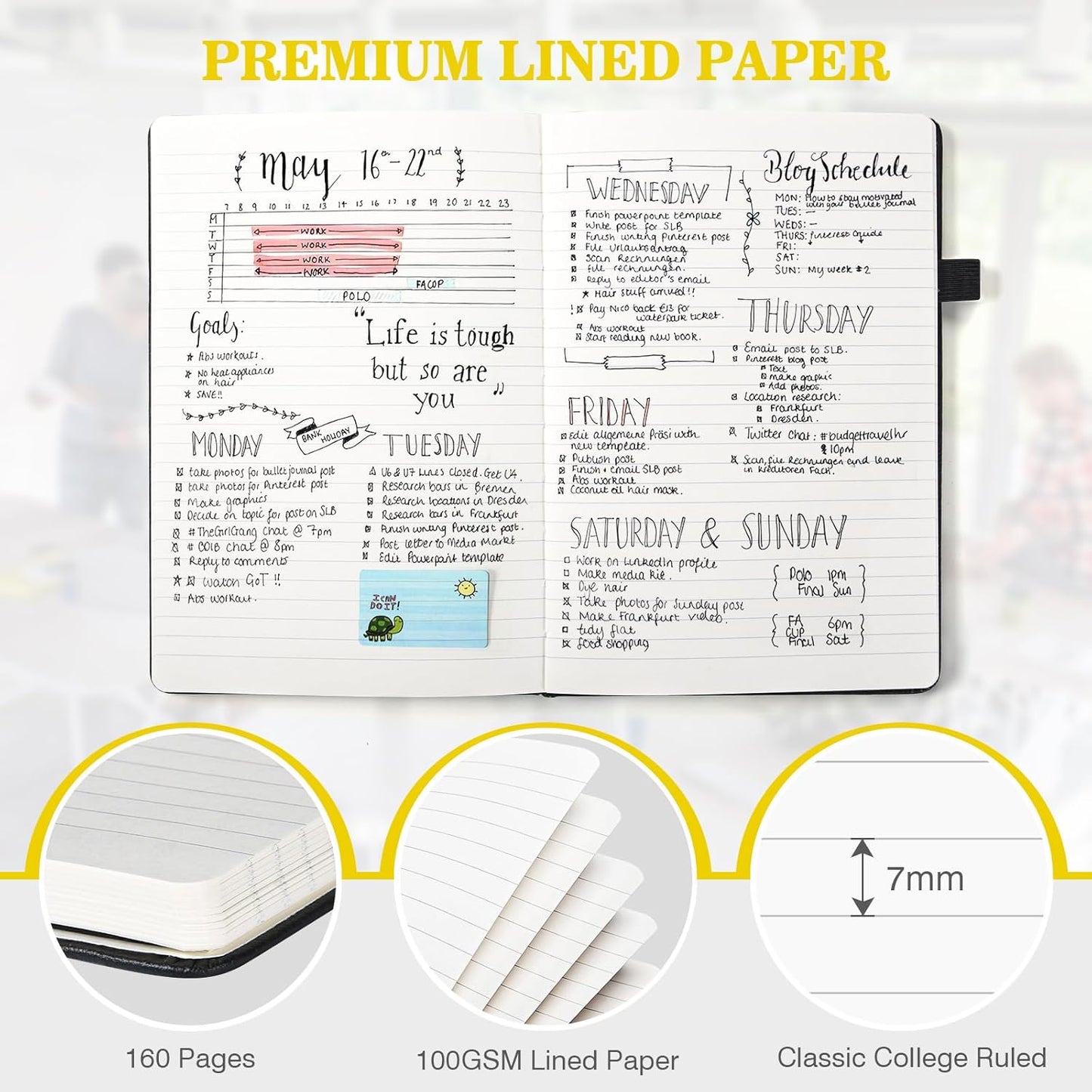 Lined Journal Notebook, 3 Pack A5 College Ruled Notebooks for Work, Hardcover Notebook Each with 2 Pockets & Pen, Leather Journal for Women, Men, 160 Pages, 100GSM Thick Paper (Multi-Colors 5.7"x8.3")