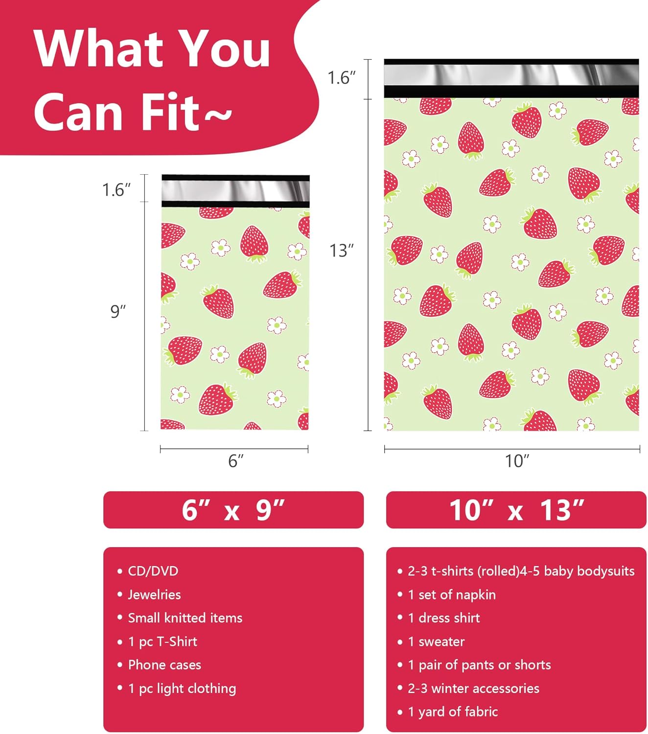 Poly Mailers 6x9 Inch 100 Pcs - Strawberries printed Shipping Bags, 2.4mil Thickness, Waterproof and Tear Resistant Mailing Envelopes, Self-Sealing Packaging Bags for Small Business